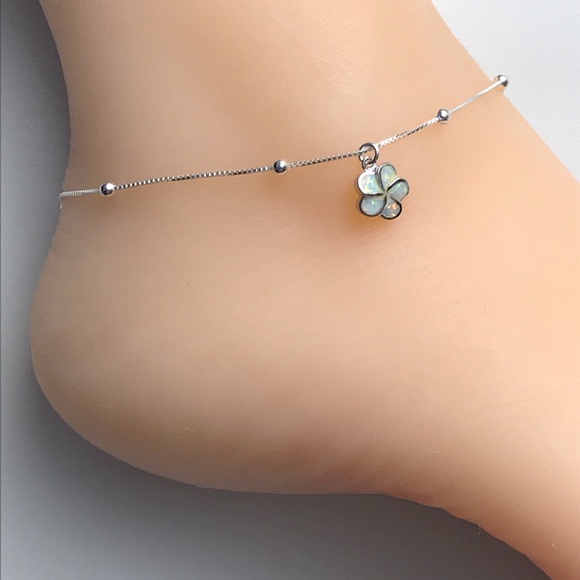 Sterling Silver Opal Plumeria Flower Anklet - Picture 4 of 8